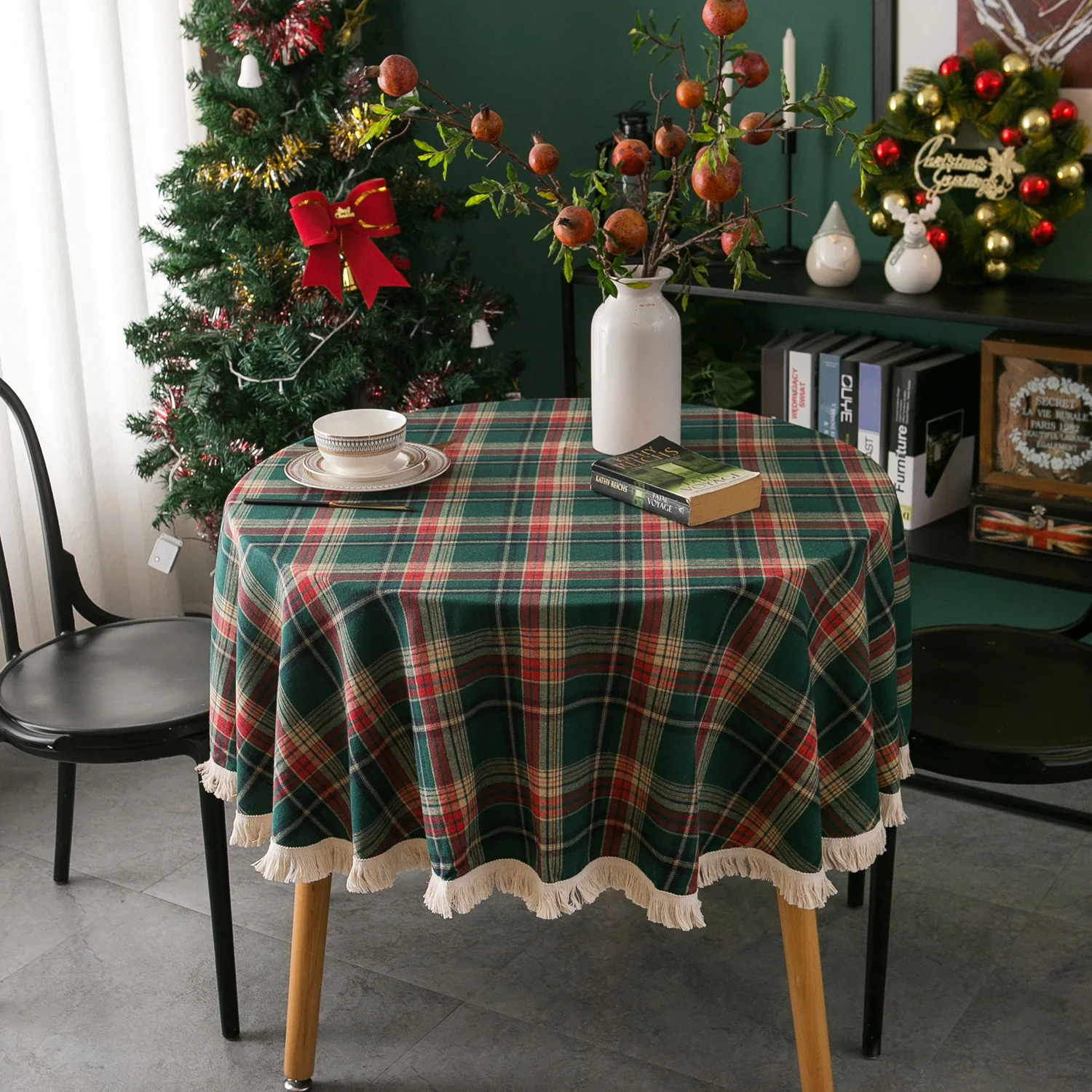 Outdoor Furniture Green - Plaid Tassels Christmas Decoration Tablecloth Round
