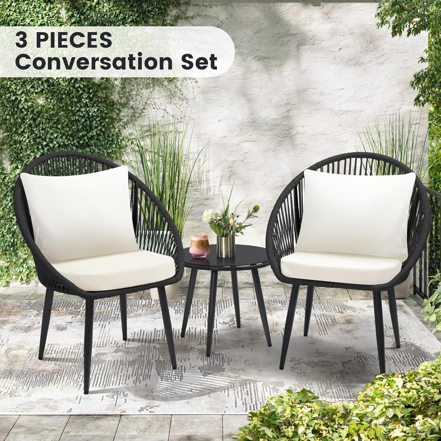 3 Pieces Bistro Set, Woven Rop - Outdoor Furniture Ideas review and price